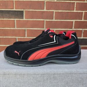 PUMA Safety Touring Black Suede W/ Red, Low Top, ASTM EH Size 9.5 Slip Resistant